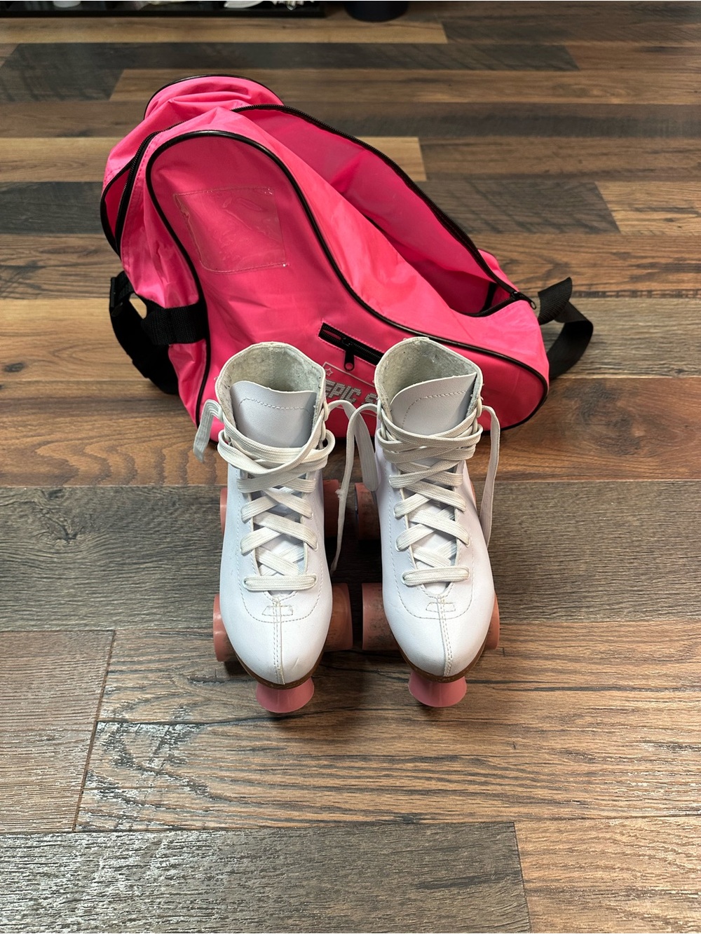 Kids White & Pink Roller Skates with Pink Bag